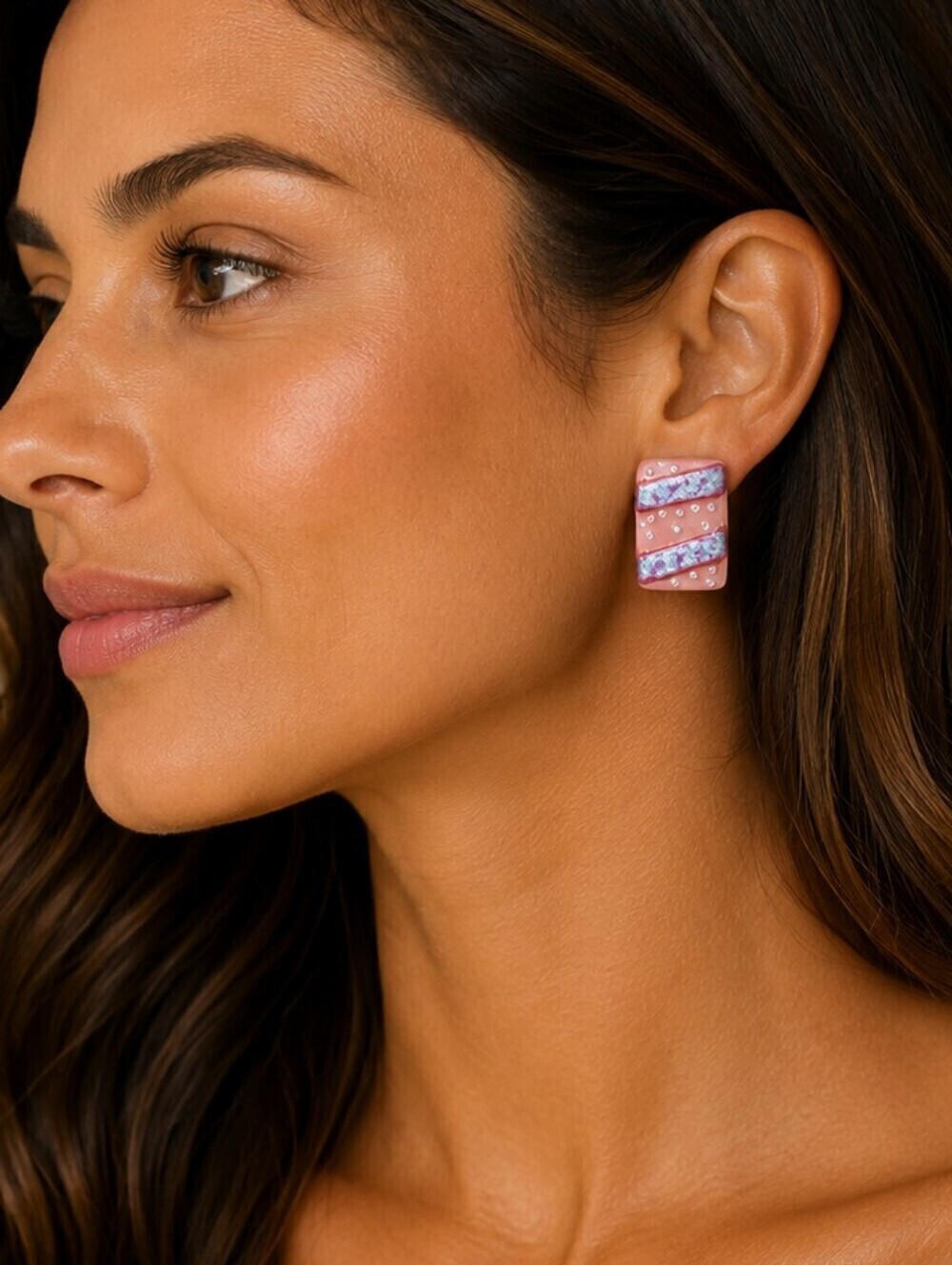 VTG 1980s Pink Abstract Metallic Dotted Rectangle Clip-on Earrings